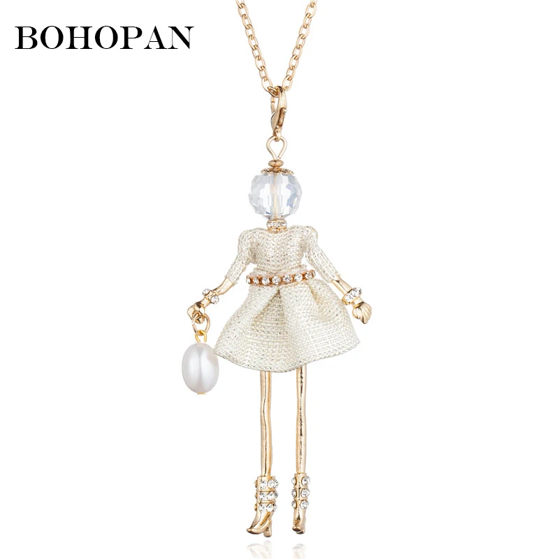 

Crystal Doll Pendant Necklace For Women Cotton Dress Metal Rhinestone Belt Long Chain Necklace Pearl Handbag Jewelry Necklaces