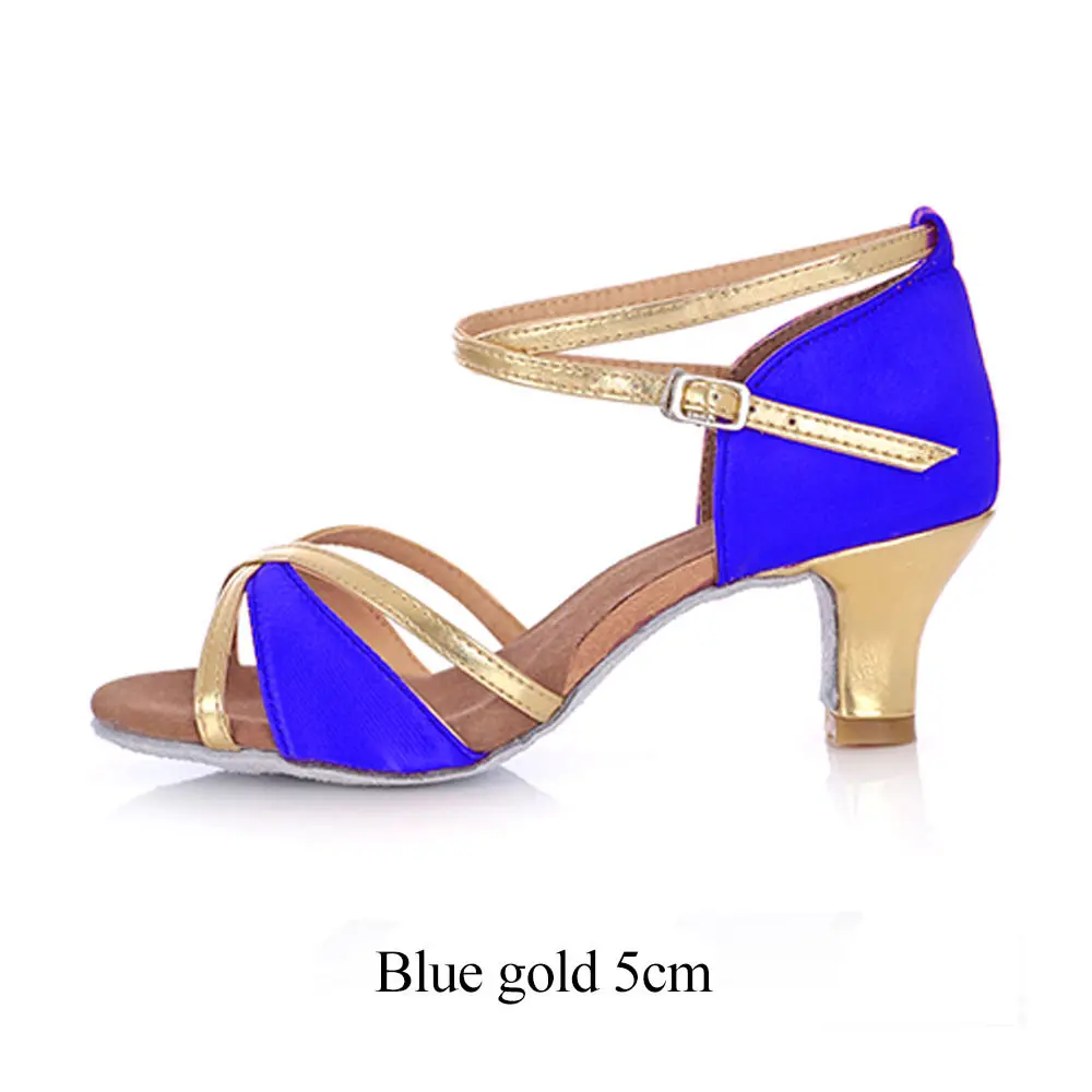 Blue gold 5cm Для женщин Латинской сальсы; Обувь для танцев 4 цвета Атлас мягкая подошва женщина/женские бальные танго вечерние танцевальные туфли на высоком каблуке, 5/7 см; ; Прямая поставка; - Цвет: Blue gold 5cm