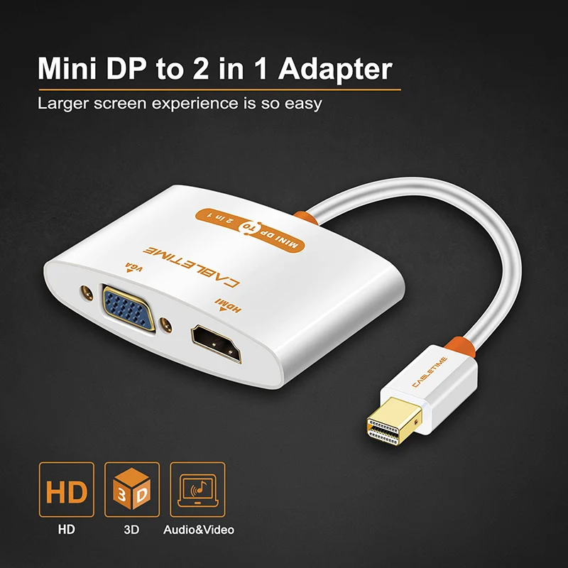 Кабель переходник Cabletime с Mini Displayport 1 2 Thunderbolt на VGA HDMI в 1|thunderbolt to vga|thunderbolt tohdmi vga adapter