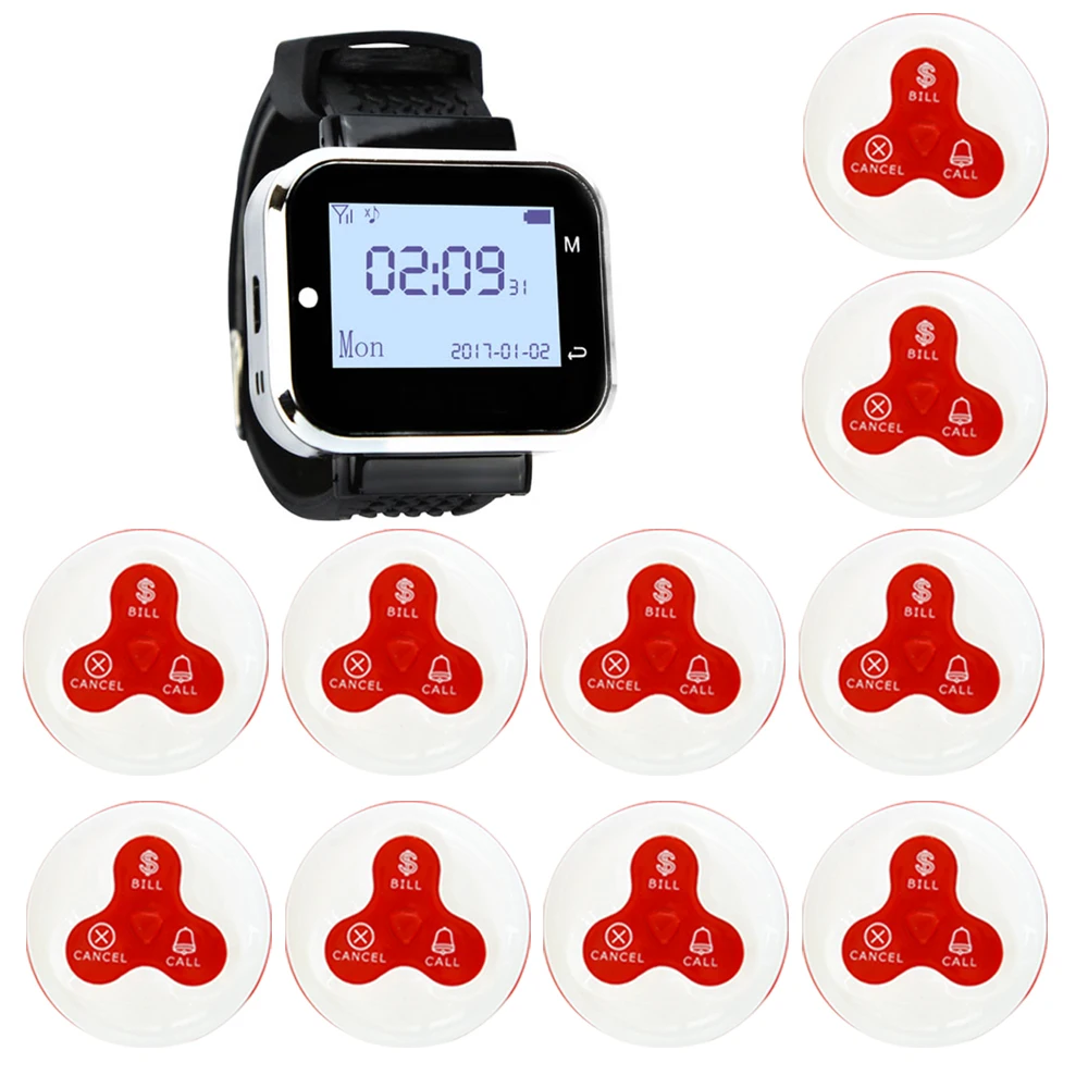 

JINGLE BELLS Wireless Calling System 10 Calling Buttons 1 Watch Pager for Restaurant cafe bar Wireless Service Call Bell pager