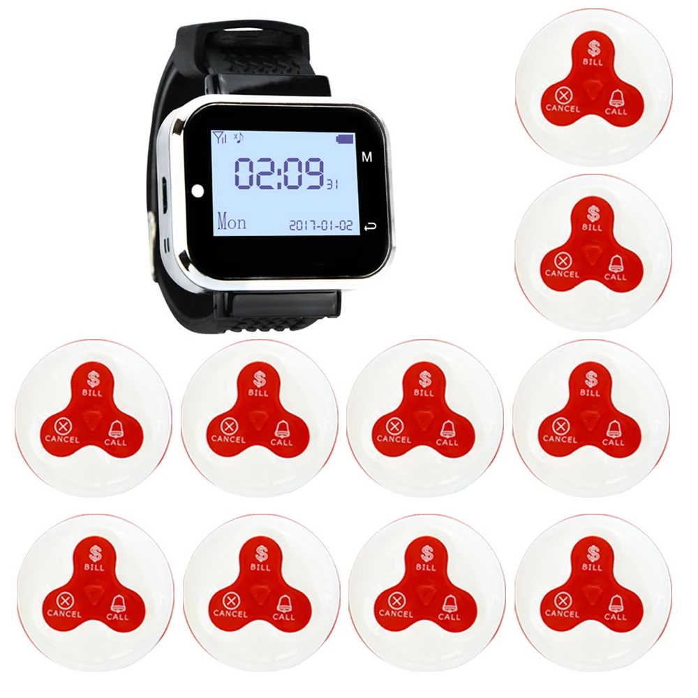 Колокольчики Беспроводной вызова Системы 10 кнопки 1 часы пейджер для ресторана - Фото №1