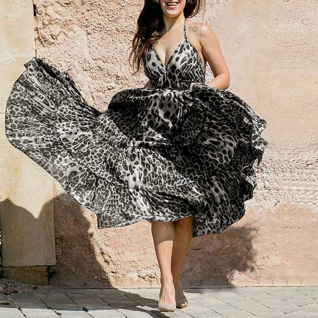 Sexy Leopard Backless Halter Dress Women New Party Club V-Neck Dresses Summer Spaghetti Strap Sleeveless Ruffle Long | Женская одежда