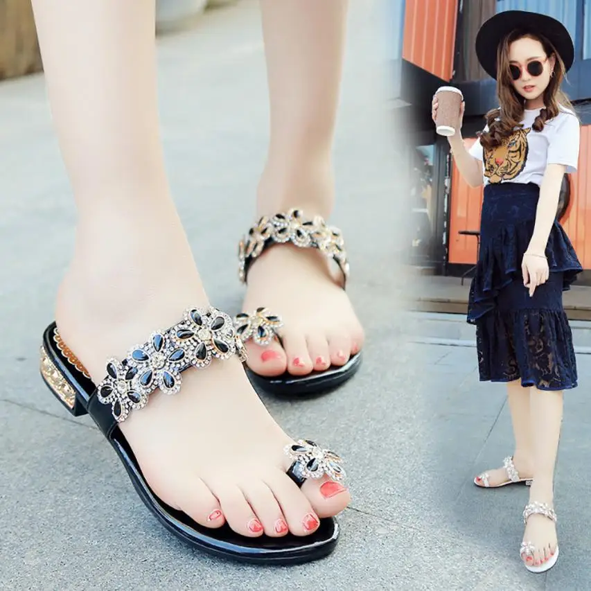SAGACE/обувь Вьетнамки со стразами и цветочным узором обувь с открытым носком в