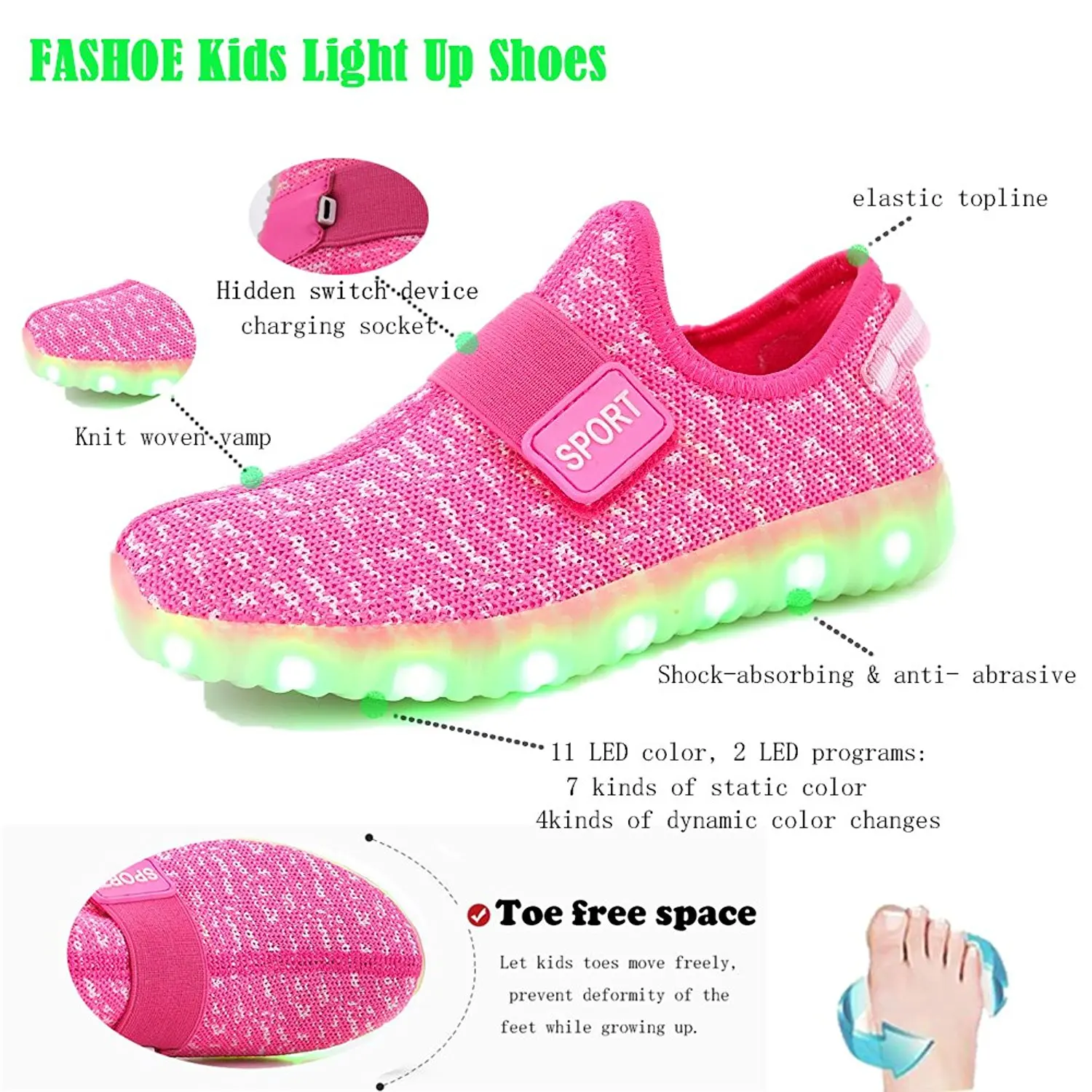 Boys Girls Breathable LED Light Up Shoes Flashing Sneakers Luminous Kids with Glowing Children Pink | Детская одежда и обувь