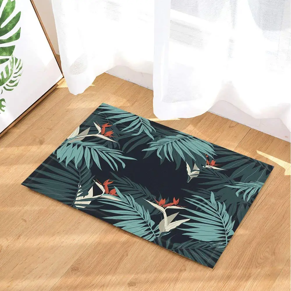 Tropical Plant Decor Bath Rugs By Green Leaf And Red Flower Non-Slip Floor Entryways Indoor Front Door Mat Bathroom | Дом и сад