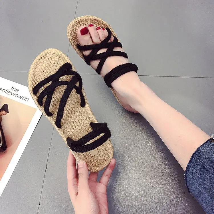 Модные летние пеньковые сандалии для женщин повседневные шлепанцы на ремешке