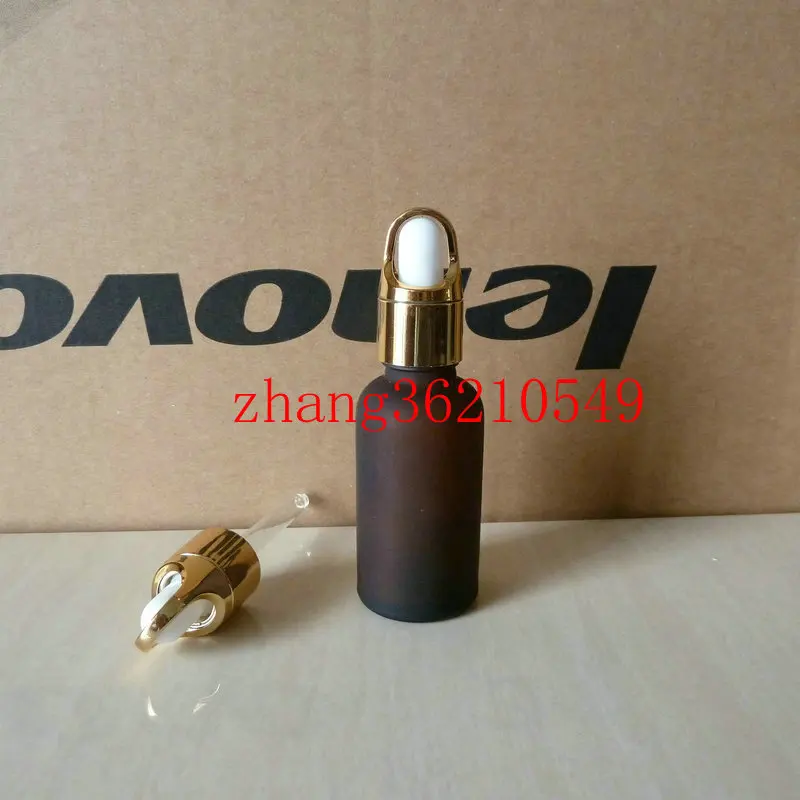 50pcs/lot 30ml brown/amber frosted Glass Essential Oil Bottle With aluminum gold dropper cap, Essential Oil glass with dropper