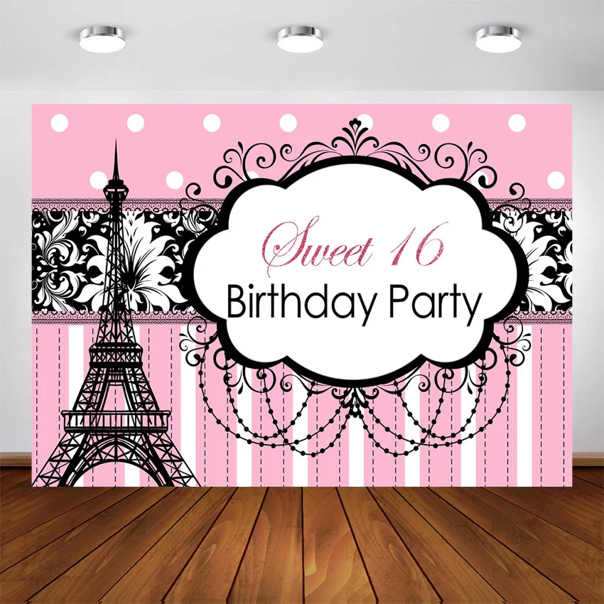 Festa de Fundo Doce Aniversário Rosa Decoração Dezesseis Menina Paris Torre Eiffel Foto Fundo Photocall 16th