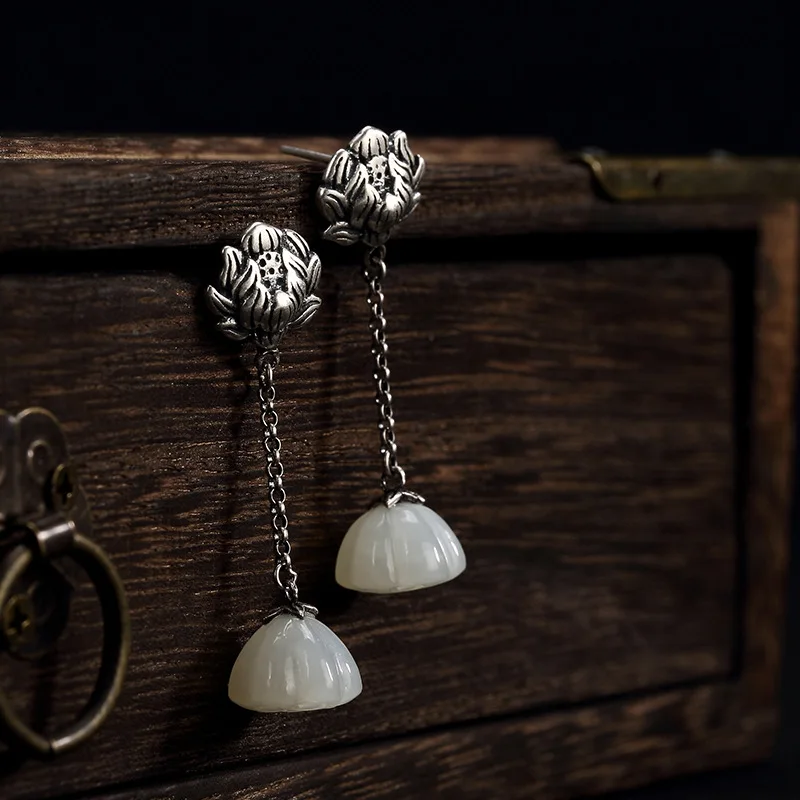 

pure silver inlay hetian jade white jade lotus lotus restoring ancient ways ms high-grade pendant earrings wholesale