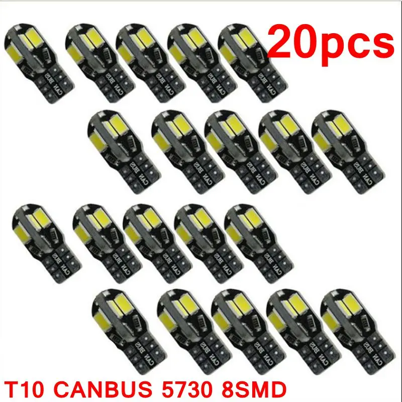 20 шт. светодиодный лампочка для салона автомобиля Canbus Error Free T10 белый 5730 8SMD светодиодный 12V автомобиль клиновидные боковые светильник белый авто лампы для укладки волос