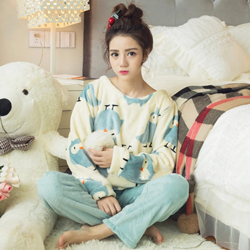 

Winter flannel pajamas fashion comfortable women thickening coral fleece sleepwear warm