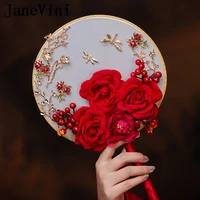 janevini luxury red and white bridal bouquets chinese style wedding fan gold artificial rose bride bouquet holder fans 2019