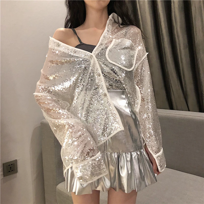 Женская блузка с блестками Cheerart свободная длинным рукавом белый и черный