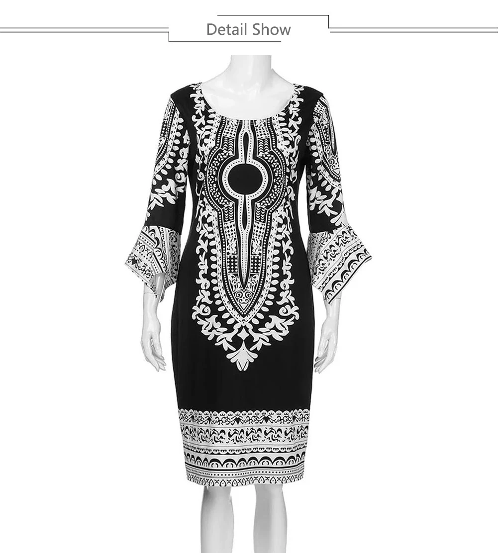 Fadzeco африканские платья для женщин Дашики 3/4 рукав цветочные Bodycon миди платье этнический Племенной печати летнее платье карандаш