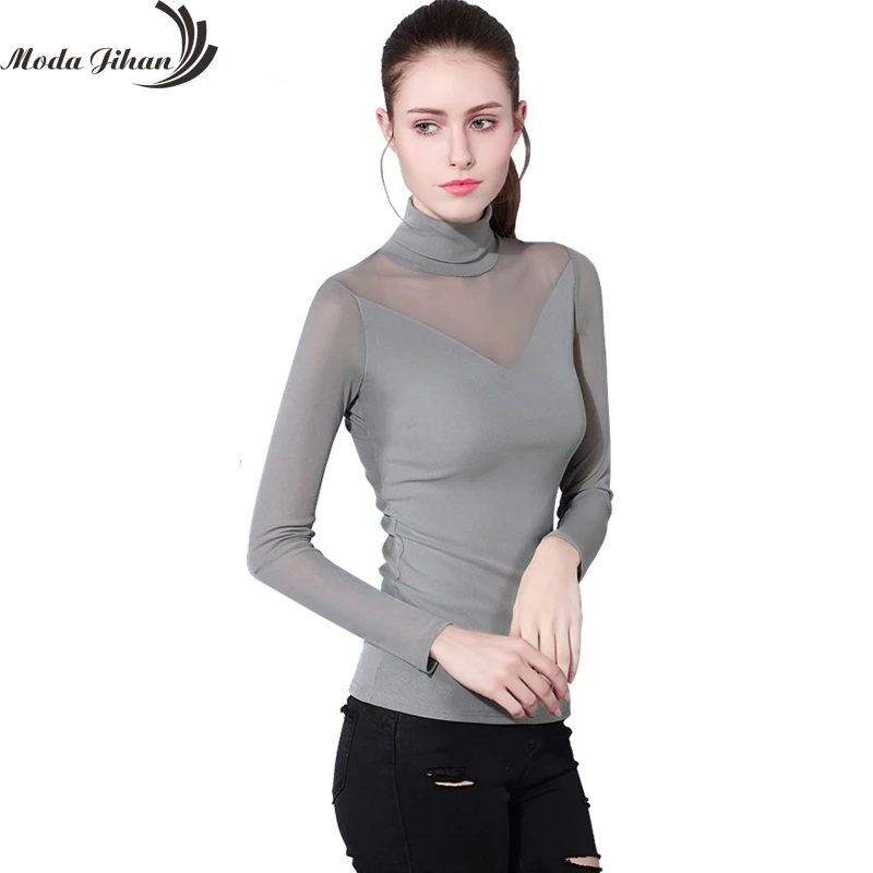 Moda Jihan Женская сетчатая нижняя рубашка растягивающийся высокий воротник