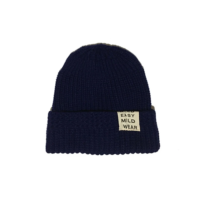 Dark Blue Зима письмо патч вязать Для женщин Круглая Шапочка Шапка Кепка пара унисекс Демисезонный Твердые шерстяные вязаный женский Для мужчин лыжная шапочка Hat - Цвет: Dark Blue