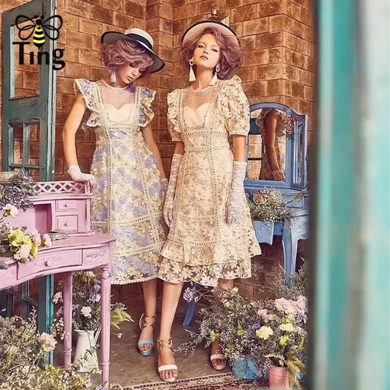 Tingfly винтажный дизайнерский стиль с оборками на рукавах кружевные вечерние