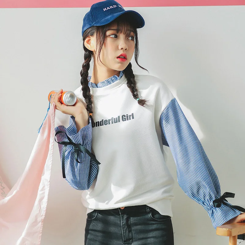 Женская туника в японском стиле Harajuku Ulzzang свободная толстовка контрастных цветов