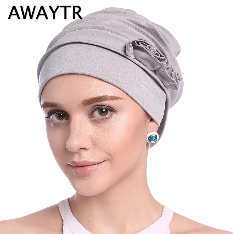 AWAYTR, 1 шт., женские модные банданы, осенне-зимний шарф, эластичная повязка на голову, тюрбан с цветком, шапка, мусульманские украшения для волос
