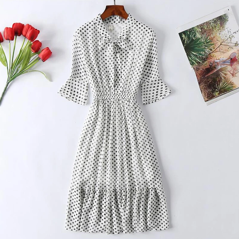 2019 Chiffon New Leisure loose summer Women dress Short sleeve Floral print Bow tie Elastic Waist A-line aa907 | Женская одежда
