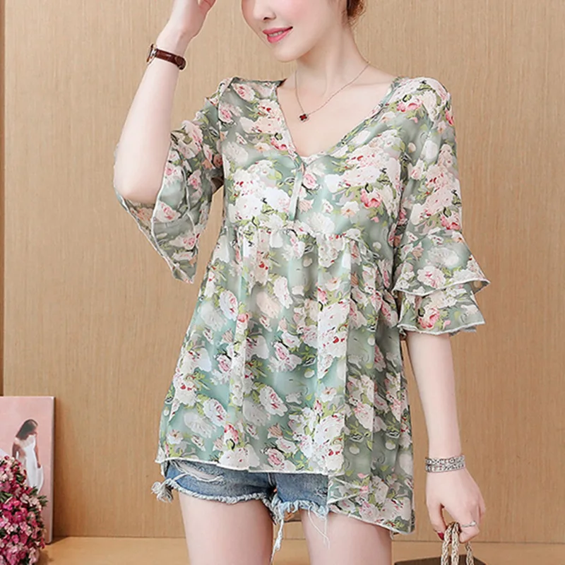2019 Summer New Fashion Chiffon Shirt Flare Short Sleeve Women Blouses And Top V-Neck Print Casual Loose Office Lady Plus Size |