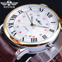 winner 2019 fashion white golden clock date display brown leather belt mechanical automatic watches for men top brand luxury