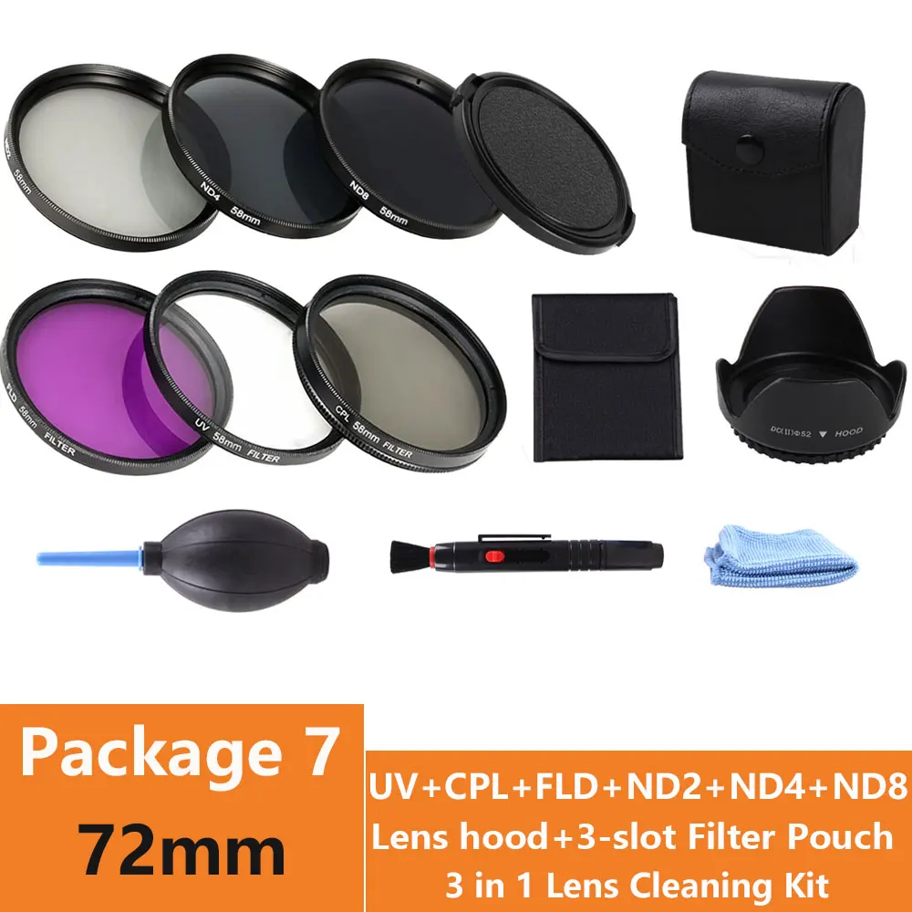 49 52 55 58 62 67 72 77 мм UV CPL FLD ND 2 4 8 набор фильтров нейтральной плотности+ бленда+ крышка объектива+ чистящий комплект для Canon Nikon - Цвет: 72MM