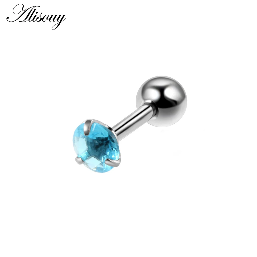 Silver Blue CZ-3 Alisouy 2 шт. 4 мм Круглый Кристалл Циркон трагус пирсинг для хрящевой части уха серьги 316L хирургическая сталь ювелирные изделия для тела Спираль пирсинг - Окраска металла: Silver Blue CZ-3