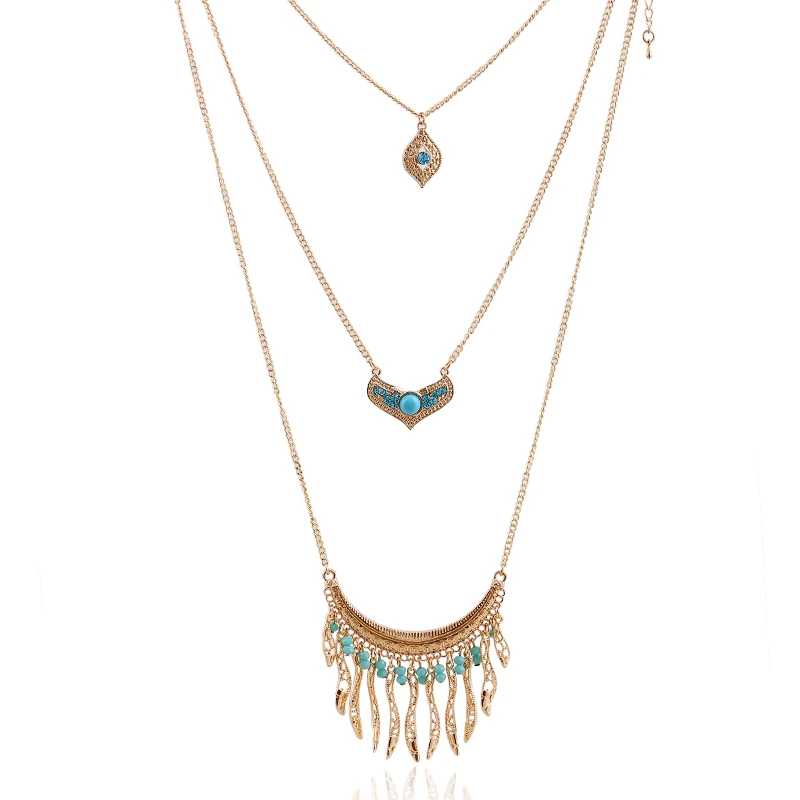 

Gold Leaves Tassel Necklace For Women With Green Gold Silver Multilayer Long Choker Necklaces 2016 Dress Jewelry SNE160036
