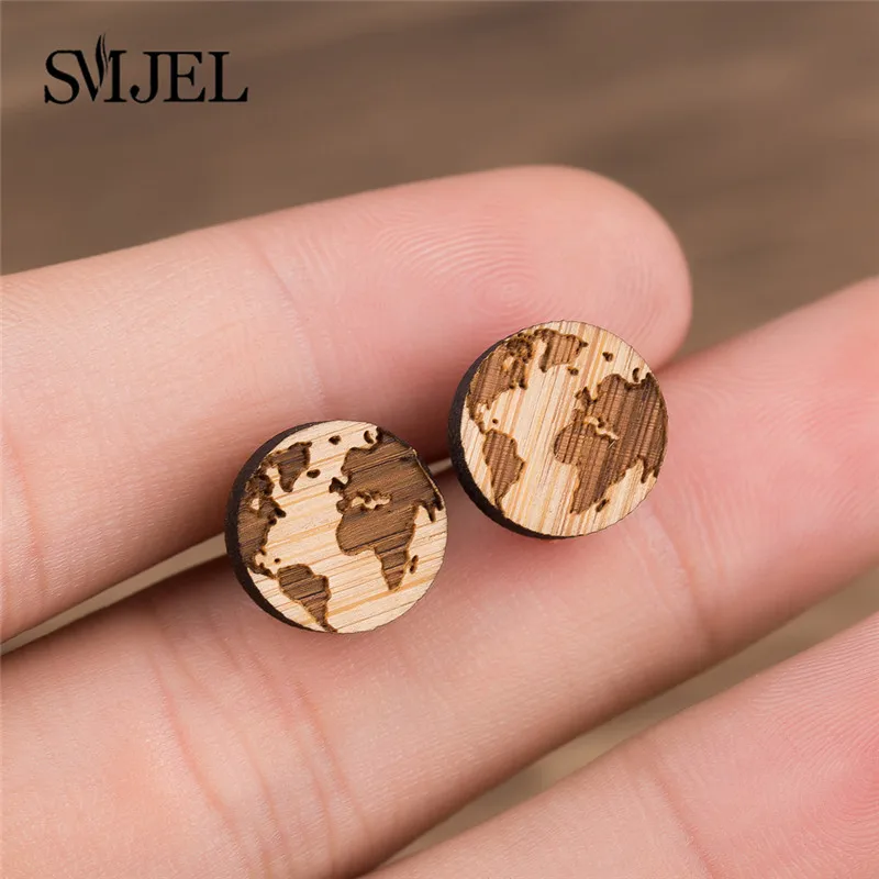 

SMJEL Punk Circle Pendant Stud Earrings Wooden Women Globe World Map Earring Handmade Gift for Her Travels Jewelry Mother Earth