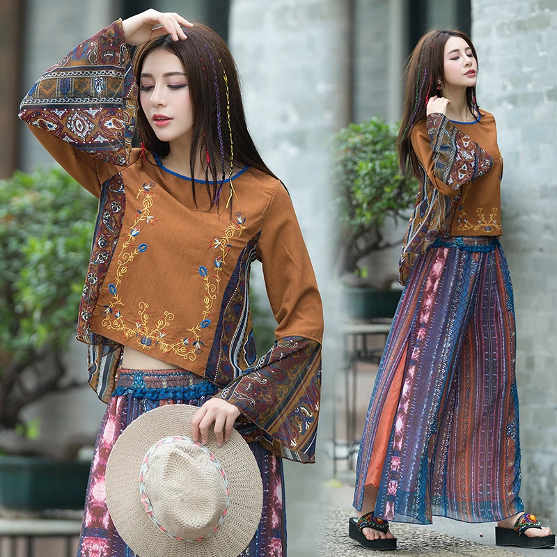 Ethnic Flower Embroidered O-neck Flare Sleeve women shirts korean fashion clothing womens tops and blouses | Женская одежда