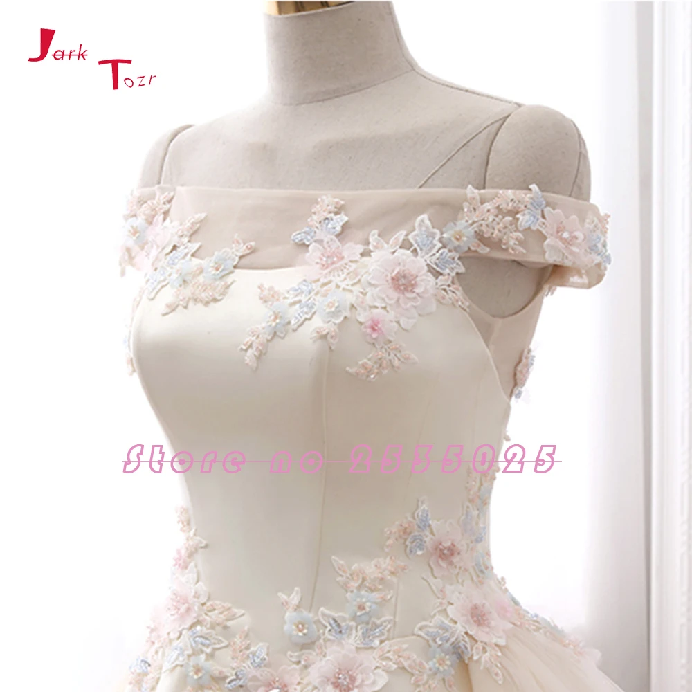 Jark Tozr New Arrive Boat Neck Short Sleeve Colorful Appliques Flowers Shiny Beading Crystal Satin Wedding Dress Casamento | Свадьбы и