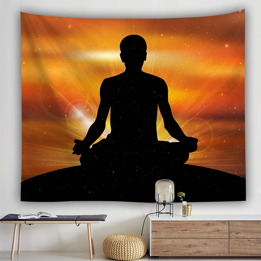 

Art tapestry Wall Hanging home decor curtain spread covers cloth blanket sunset Beach view giant cloth Budda posture picture