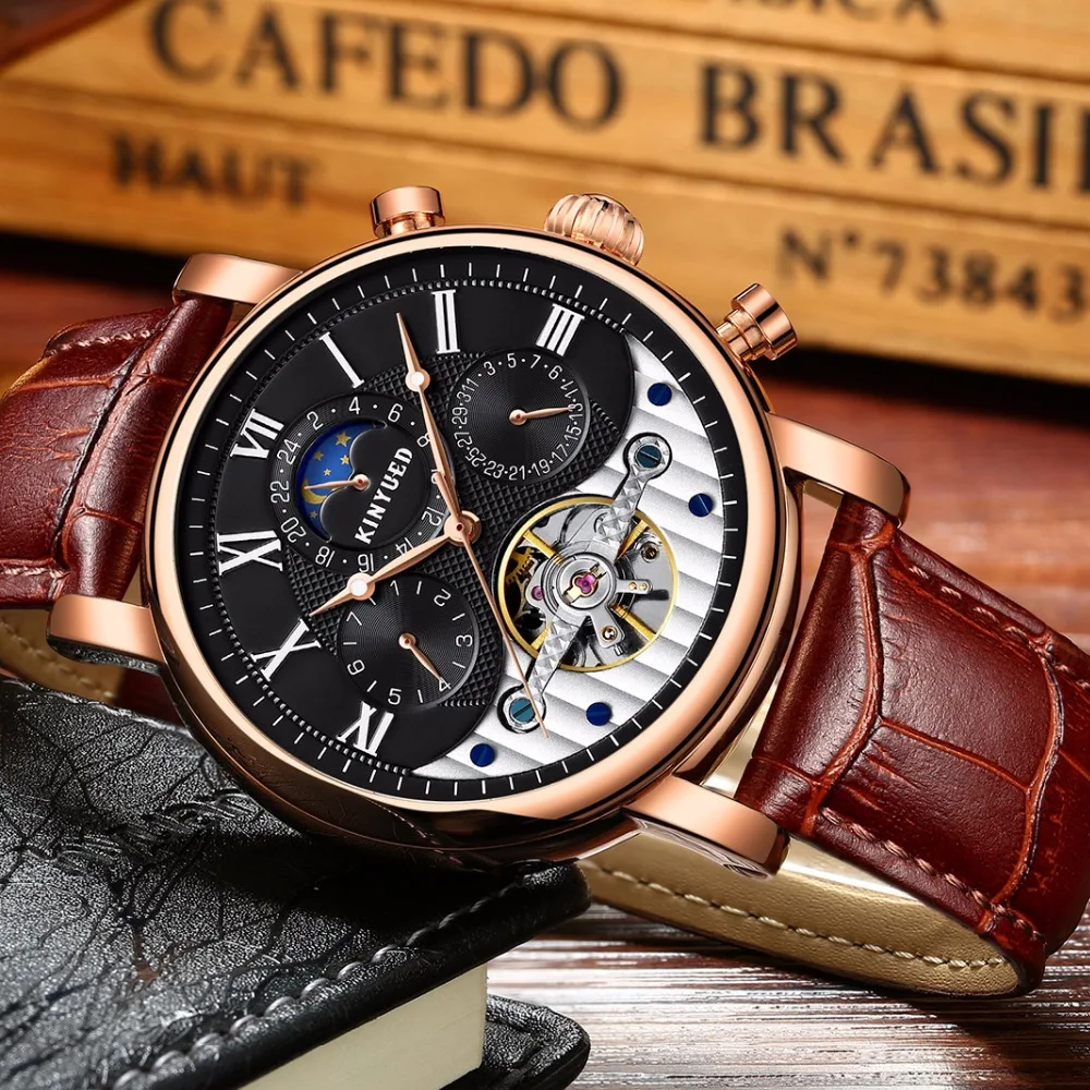 KINYUED Automat часы розовое золото кожа водонепроницаемый луна наручные Tourbillon
