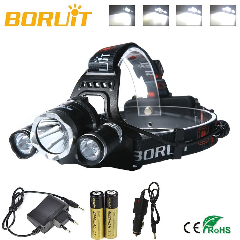 Boruit 5000Lm 3X XM-L T6+ 2R2 светодиодный световой фонарь головная лампа 4-режиме Водонепроницаемый Мощность банк Фара Фонарь+ AC/автомобиль Зарядное устройство+ 2X18650