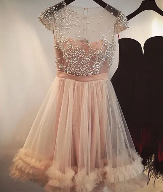 

Peach Homecoming Dresses A-line Cap Sleeves Short Mini Tulle Pearls See Through Elegant Cocktail Dresses