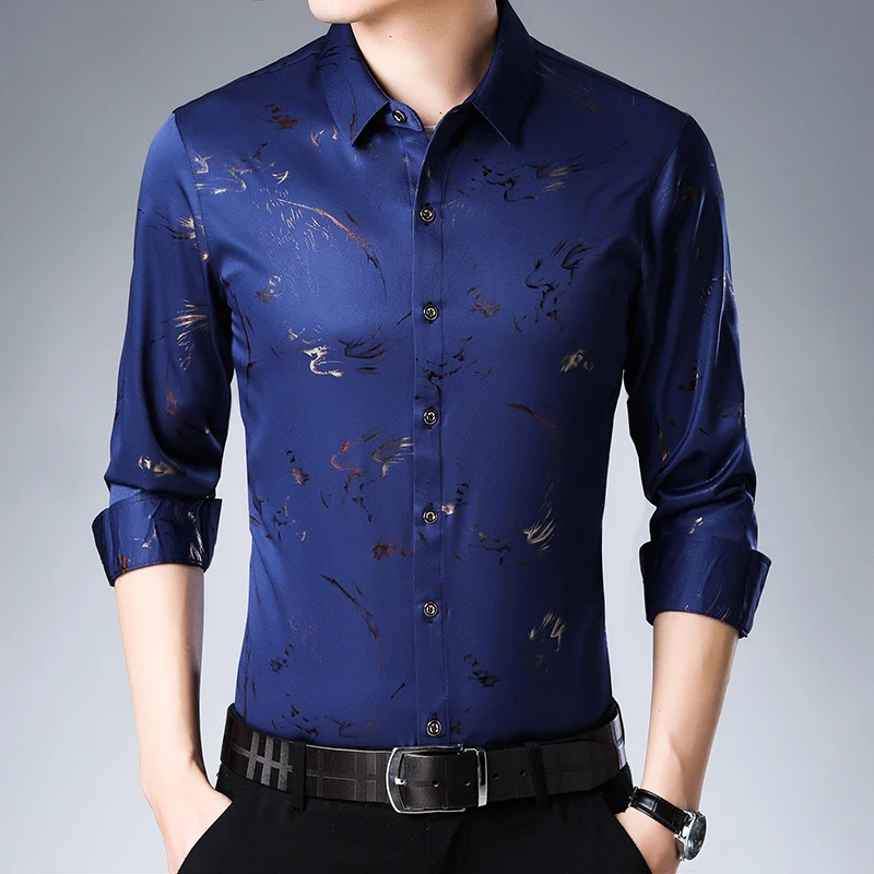 MIACAWOR Casual Shirt Men Autumn Fashion Print Dress Long Sleeve Shirts Slim Fit Camisa Masculina Clothes C526 | Мужская одежда