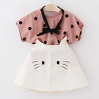 Одежда для девочек 2 лет летние комплекты для маленьких девочек детская одежда Топ в горошек с короткими рукавами + юбка с кошкой из мультфильма, комплект из 2 предметов, платье для девочек