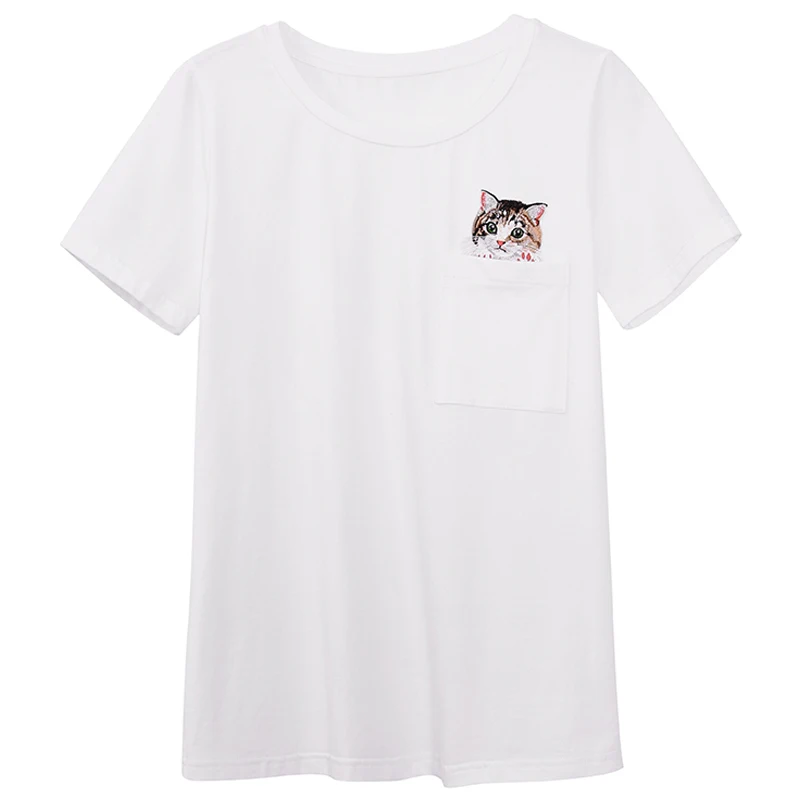 YOYOCATHY White Short Sleeved T-shirt Women 100% Cotton Loose Bottom Coat Kitten Embroidery With Mercerized Chemise Femme | Женская