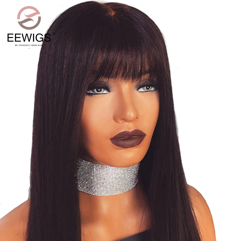 EEWIGS натуральные черные длинные прямые парики с полной челкой 24 дюймов