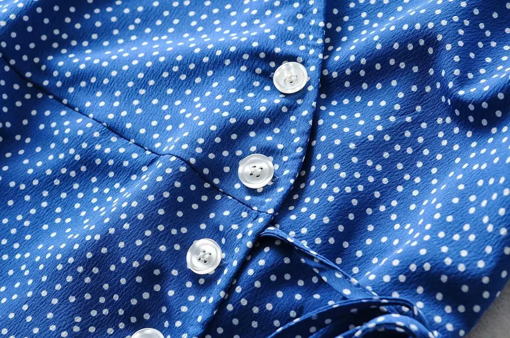 Франция темно-синий горошек печати Сплит Vestidos обёрточная бумага платье