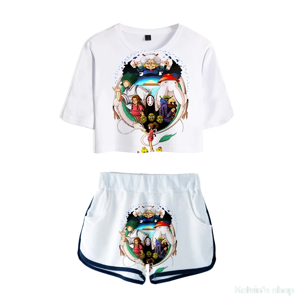 2019 Hot Sale New Spirited Away japaness Women Two Piece Set Shorts and shirts sexy Navel tshirt K-pops sets Plus Size Crop Top | Женская