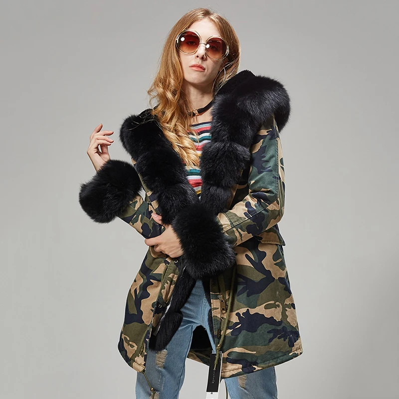 Real Fox Fur Collar Coat Coat Thick Leather Coat Natural Camouflage Winter Jacket Zipper Women'S Ladies Winter Heavy Coat Slim07