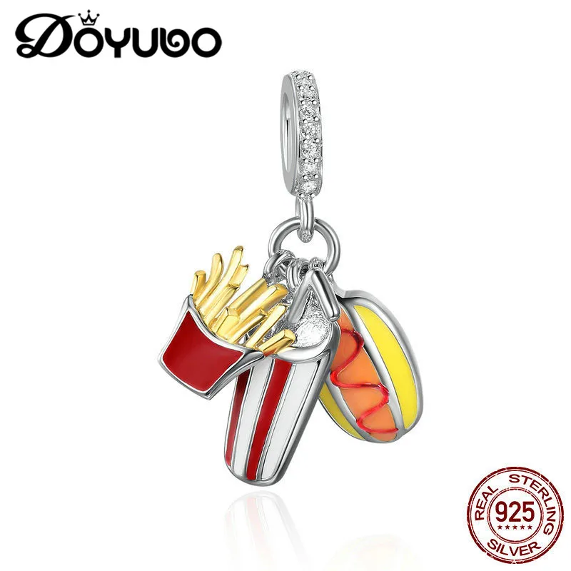 

DOYUBO Lovely Design 925 Sterling Silver Dangles With Fries / Hamburger Shape DIY Pure Silver Charms & Pendants Jewelry AJ001