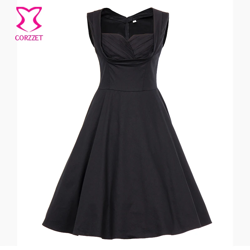 Женское винтажное платье ретро без рукавов черное Хлопковое с V-образным вырезом