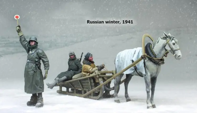Масштаб 1/35 неокрашенная фигурка из смолы русская зима 1941 (3 фигурки лошадь сани) GK