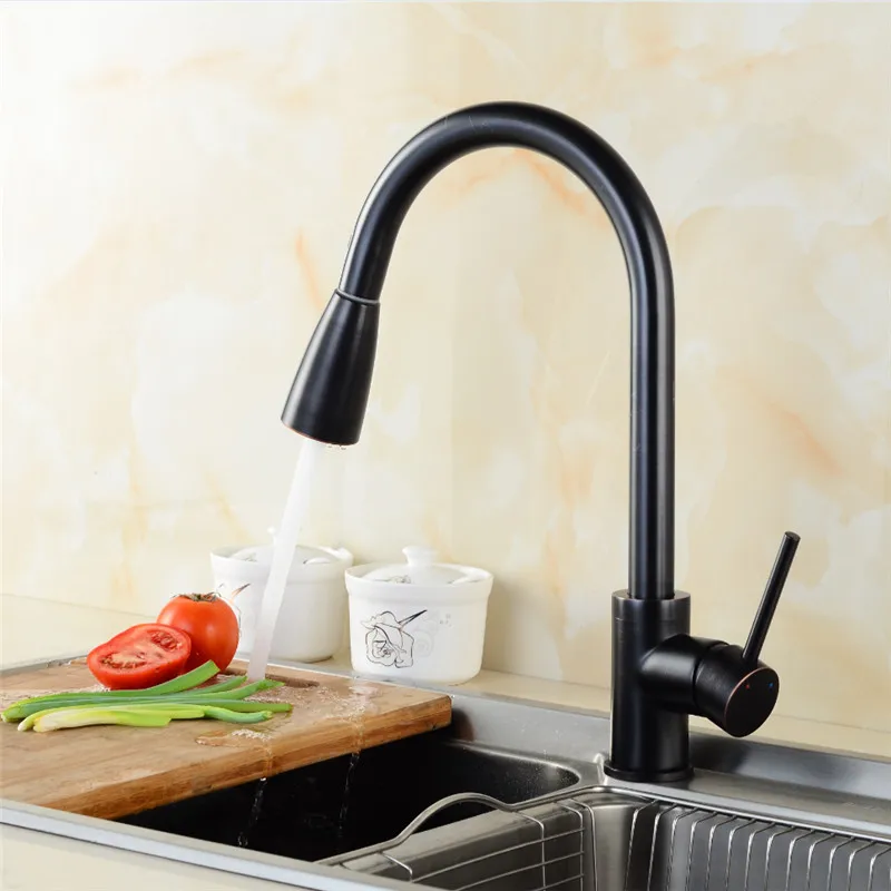 Полированный Черный латунный поворотный кухонный смеситель для раковины