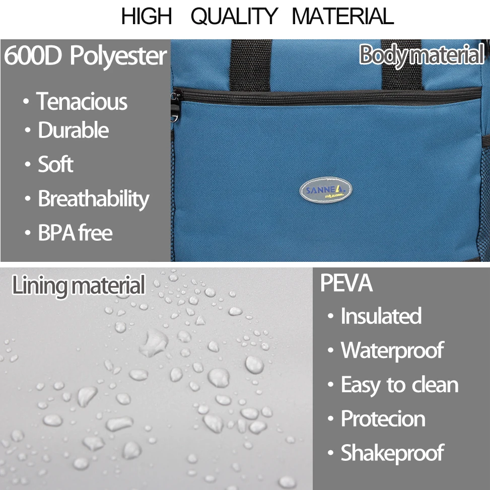 

SANNE 16L insulated thermal lunch bag Big Capacity polyester waterproof portable lunch bag Solid color With pocket lunch bag