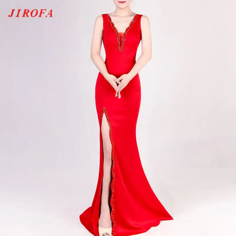 Длинное платье JIROFA 2017 женское вечернее сексуальное черное с глубоким V образным