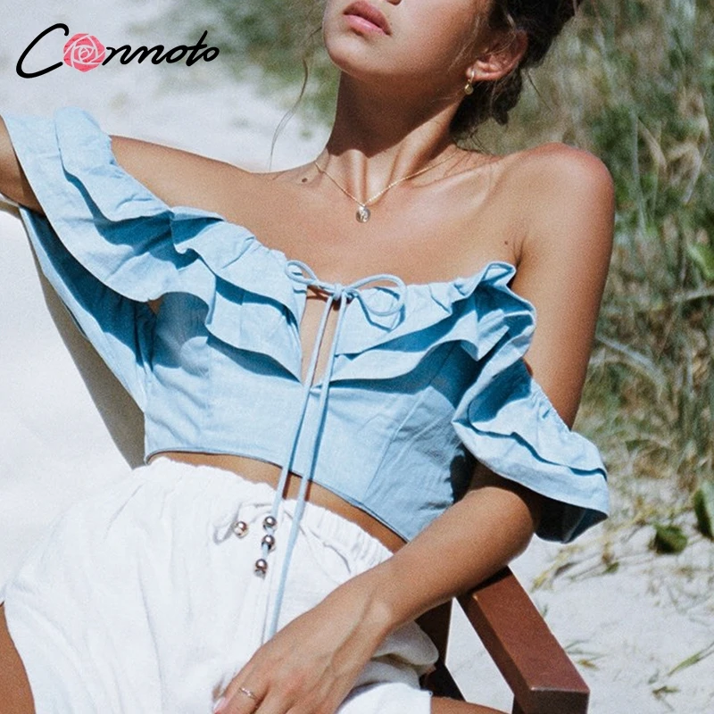 Conmoto Пляжный укороченный топ сексуальные однотонные топы с воланами элегантные